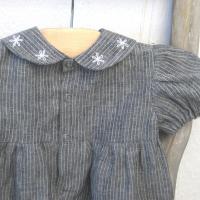  Baby Romper in Gray Pinstripe Linen with Hand-Embroidered Collar, Short-Sleeved 1-Pc. Linen Outfit for 3-to-6-Month-Old Baby