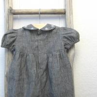  Baby Romper in Gray Pinstripe Linen with Hand-Embroidered Collar, Short-Sleeved 1-Pc. Linen Outfit for 3-to-6-Month-Old Baby