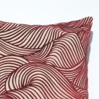 Red Flocked Velvet Pillow Cover, Velveteen Geometric Design Home Décor, Abstract Waves on Natural Linen Blend, 17 x 17 inches