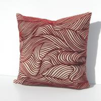 Red Flocked Velvet Pillow Cover, Velveteen Geometric Design Home Décor, Abstract Waves on Natural Linen Blend, 17 x 17 inches