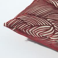 Red Flocked Velvet Pillow Cover, Velveteen Geometric Design Home Décor, Abstract Waves on Natural Linen Blend, 17 x 17 inches
