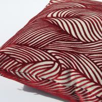 Red Flocked Velvet Pillow Cover, Velveteen Geometric Design Home Décor, Abstract Waves on Natural Linen Blend, 17 x 17 inches