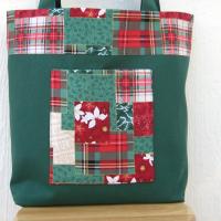 Green Canvas Shopping Bag, Red, Green, White Christmas Plaid Patchwork, Reusable Duck Cloth Tote, USA Handmade