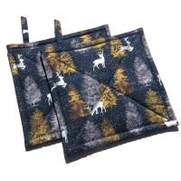 Silver Reindeer Christmas Potholders, Winter Trees Quilted Holiday Hot Pads for Housewarming and Hostess Gift, Stocking Stuffer