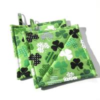 Shamrock Potholders with Dots and Stripes on a Green Background, St Patrick's Day Décor, USA Handmade Hot Pads, Housewarming Gift