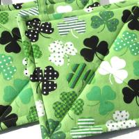 Shamrock Potholders with Dots and Stripes on a Green Background, St Patrick's Day Décor, USA Handmade Hot Pads, Housewarming Gift