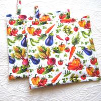 Spring Veggie Potholders, Tomatoes, Carrots, Beets, Green, Red, Purple, Orange on a White Background, Gift for Gardener, USA Handmade Hot Pads 