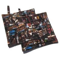 Spooky Library Potholders, Antique Books & Bottles Quilted Hot Pads, USA Hand Crafted Gift for Halloween, Librarian Gift