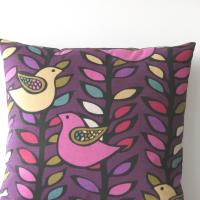 Mod Style Bird Pillow Cover in Pink, Olive, Yellow on Purple Linen Cotton Blend, KAS Designer Print, 23 x 23 Inches, USA Handmade