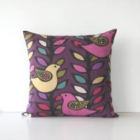 Retro Bird Pillow Cover in Pink, Olive, Yellow on Purple Linen Cotton Blend, KAS Mod Style Designer Print, 20 x 20 Inches, USA Handmade
