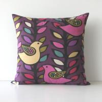 Retro Bird Pillow Cover in Pink, Olive, Yellow on Purple Linen Cotton Blend, KAS Mod Style Designer Print, 20 x 20 Inches, USA Handmade