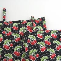 Cherries and Polka Dots Potholders, Red Black Retro Look Quilted Handmade Hot Pads, Housewarming Gift 