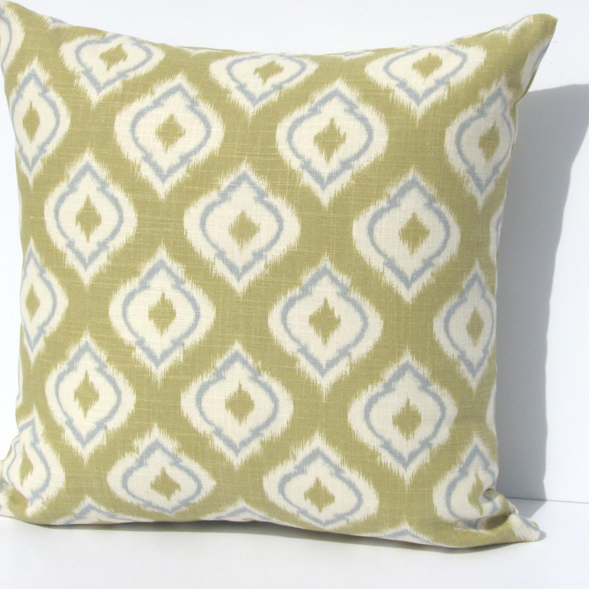 IKAT Linen Pillow Cover in Diamond-Patterned Lime Green, Dusty Blue & Cream, 17 x 17 Inches, USA Handmade Home Décor 