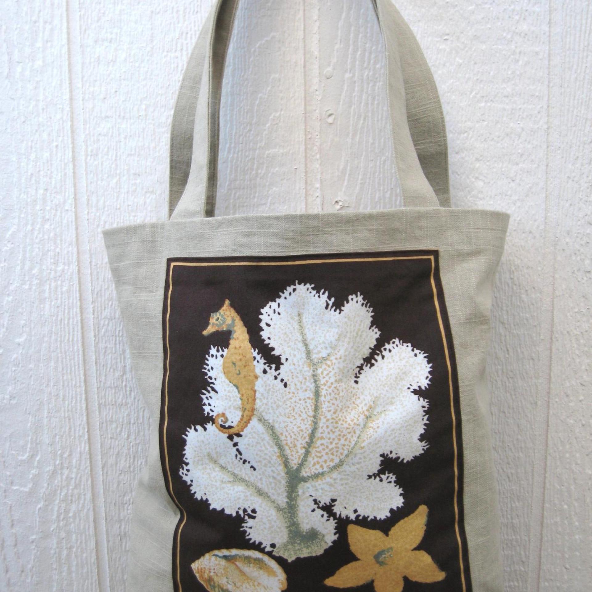 Seaside Tote Bag, Beige Beach Bag with Seahorse, White Coral, Seashell & Starfish, Market Shopping Tote, Vintage Fabric Panel, USA Handcrafted in New Mexico