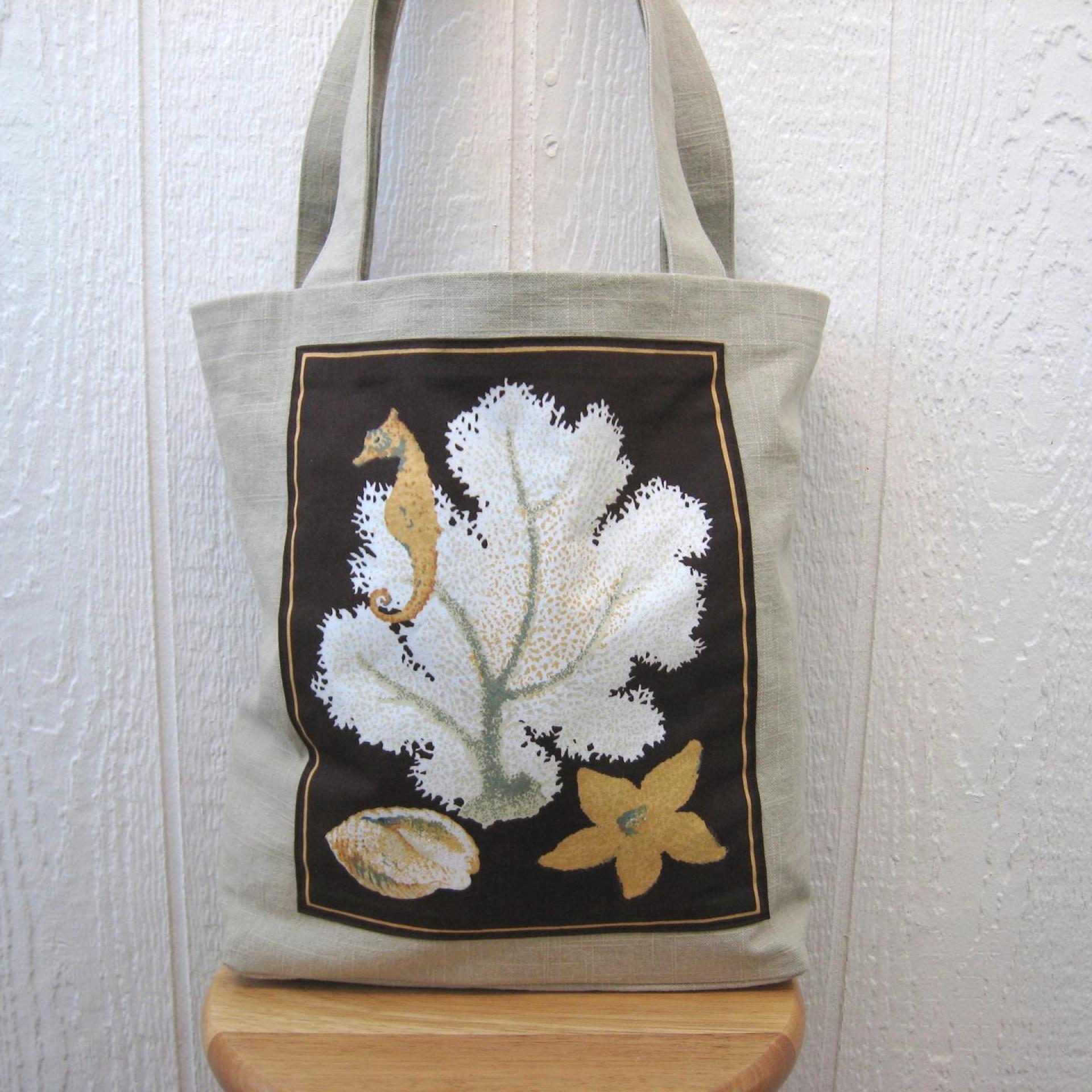 Seaside Tote Bag, Beige Beach Bag with Seahorse, White Coral, Seashell & Starfish, Market Shopping Tote, Vintage Fabric Panel, USA Handcrafted in New Mexico