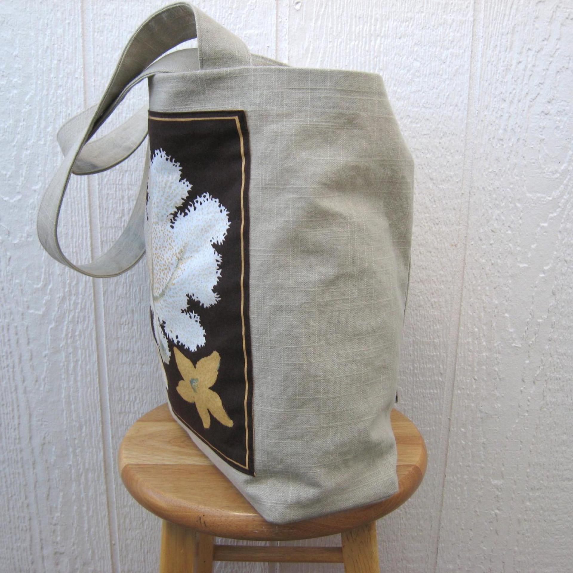 Seaside Tote Bag, Beige Beach Bag with Seahorse, White Coral, Seashell & Starfish, Market Shopping Tote, Vintage Fabric Panel, USA Handcrafted in New Mexico