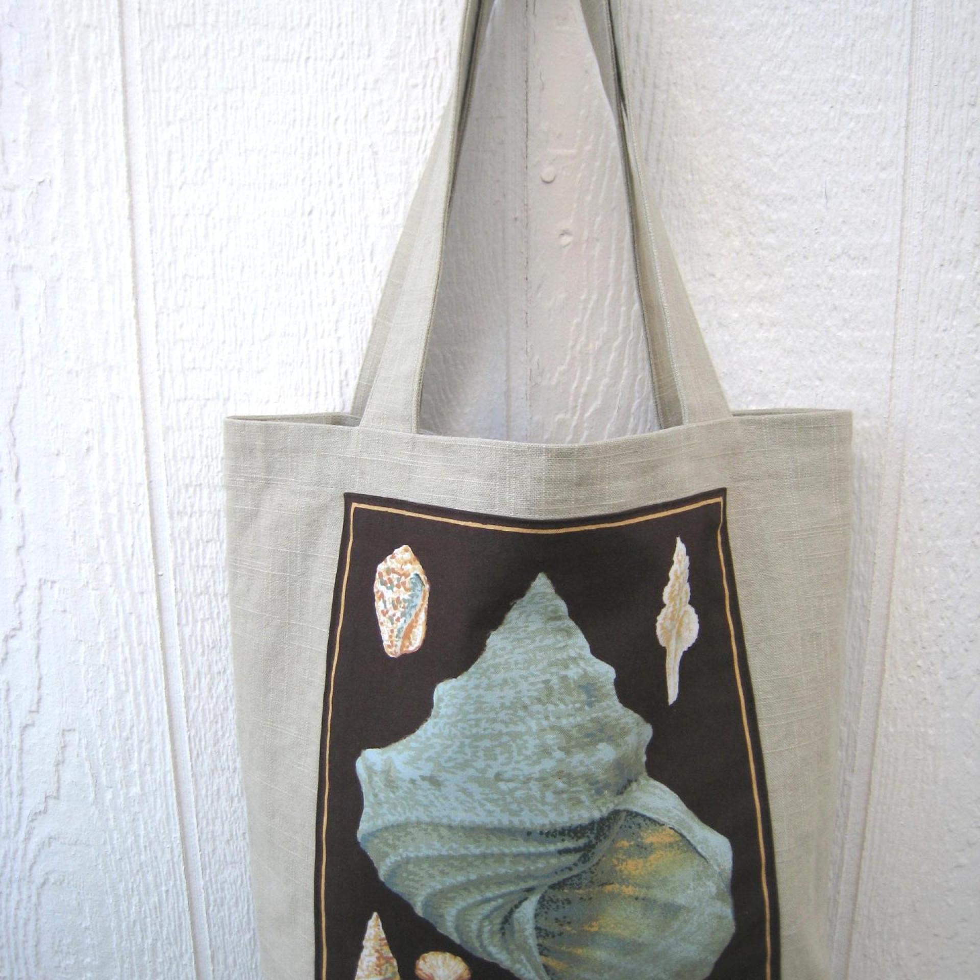 Seaside Tote Bag, Beige Beach Bag with an Assortment of Seashells, Market Shopping Tote, Vintage Fabric Panel, USA Handcrafted in New Mexico