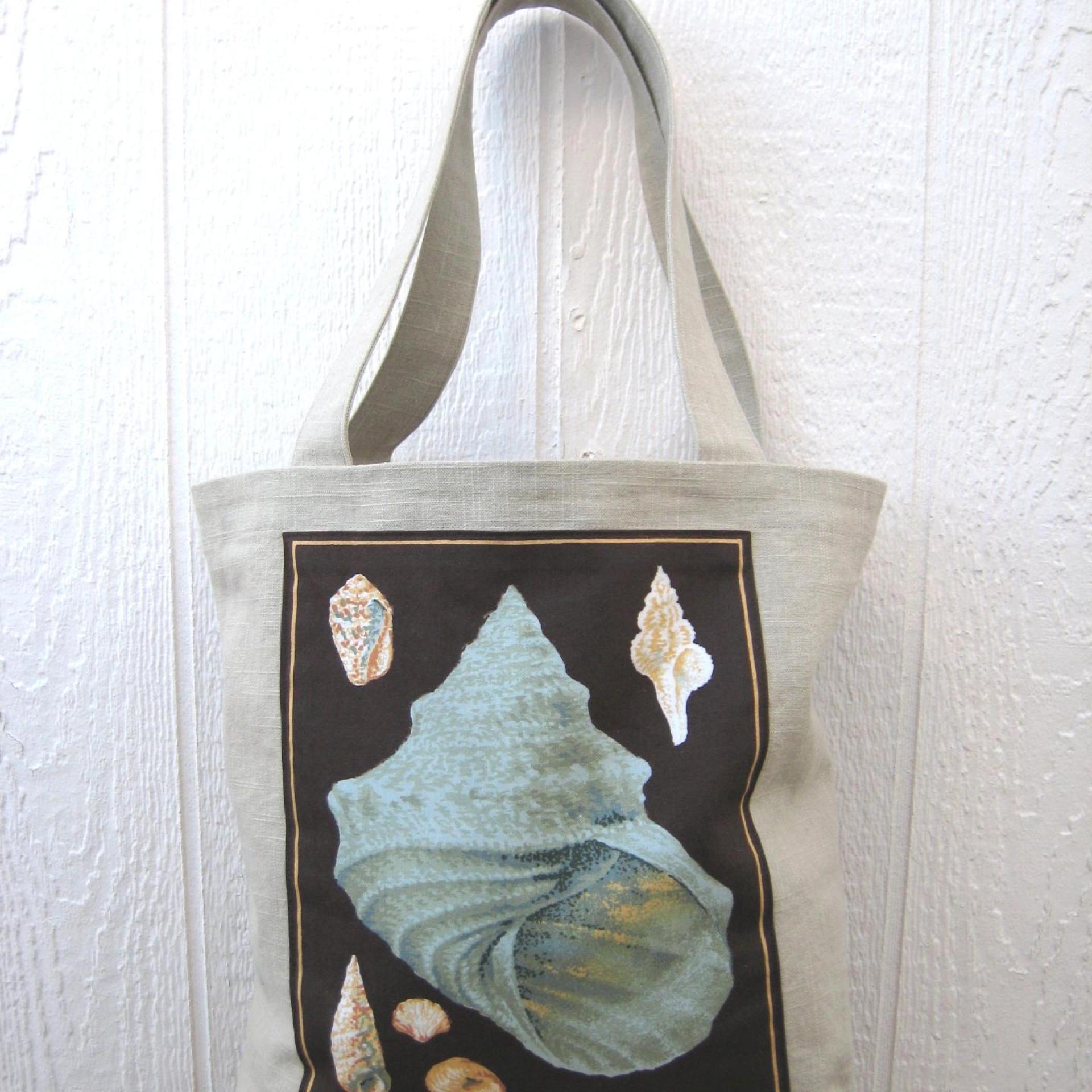 Seaside Tote Bag, Beige Beach Bag with an Assortment of Seashells, Market Shopping Tote, Vintage Fabric Panel, USA Handcrafted in New Mexico