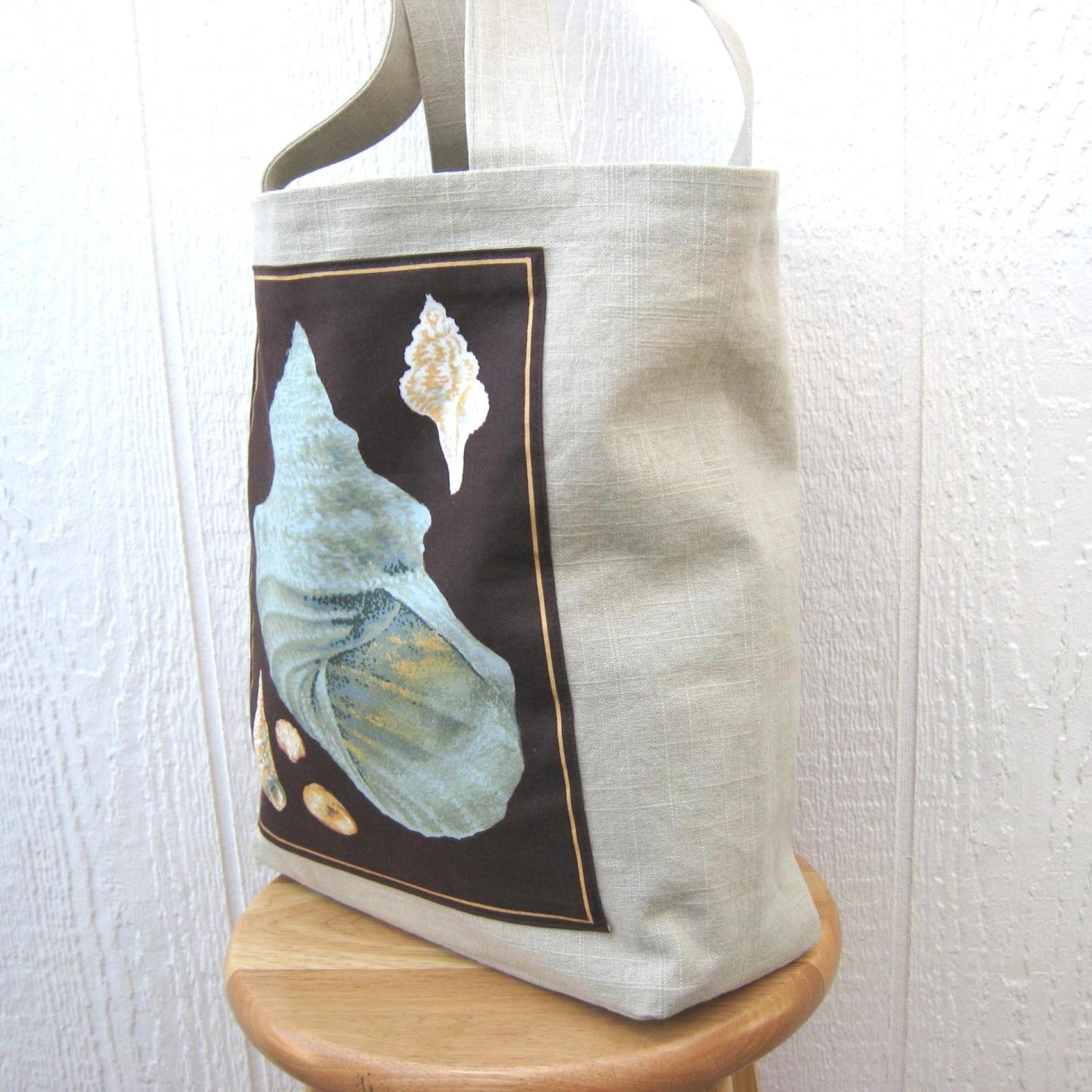 Seaside Tote Bag, Beige Beach Bag with an Assortment of Seashells, Market Shopping Tote, Vintage Fabric Panel, USA Handcrafted in New Mexico