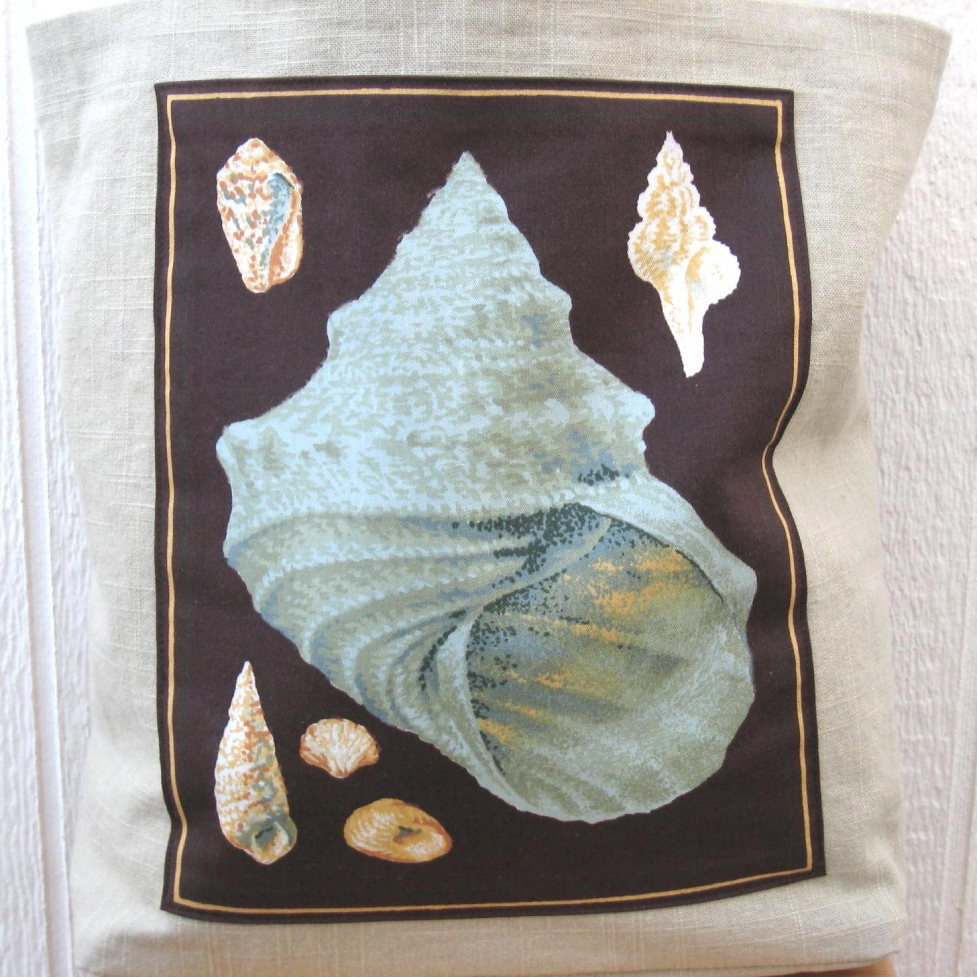 Seaside Tote Bag, Beige Beach Bag with an Assortment of Seashells, Market Shopping Tote, Vintage Fabric Panel, USA Handcrafted in New Mexico