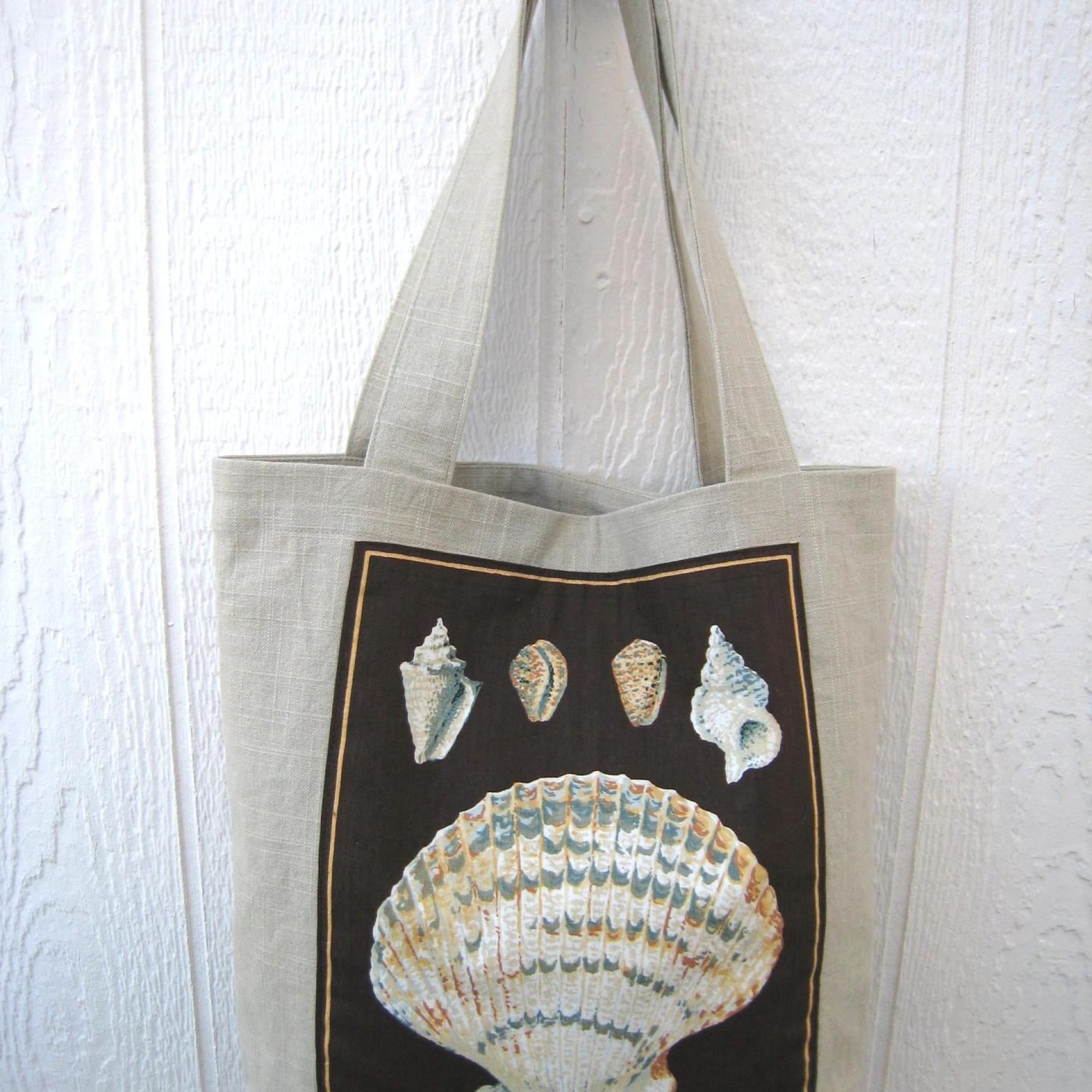 Seaside Tote Bag, Beige Beach Bag with an Assortment of Seashells, Market Shopping Tote, Vintage Fabric Panel, USA Handcrafted in New Mexico