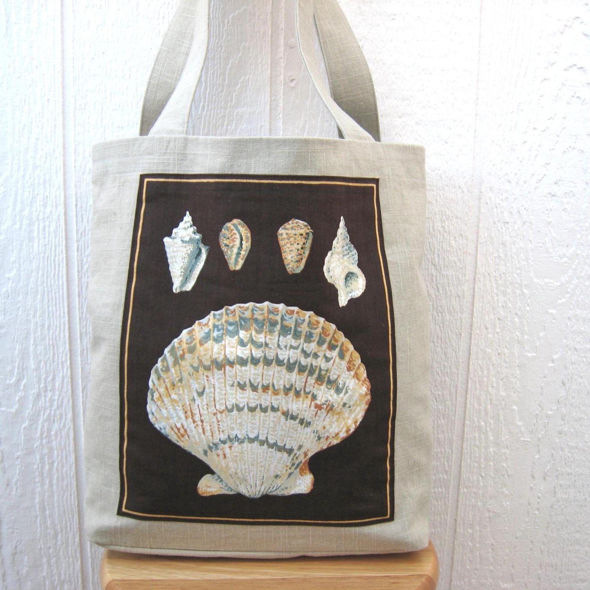 Seaside Tote Bag, Beige Beach Bag with an Assortment of Seashells, Market Shopping Tote, Vintage Fabric Panel, USA Handcrafted in New Mexico