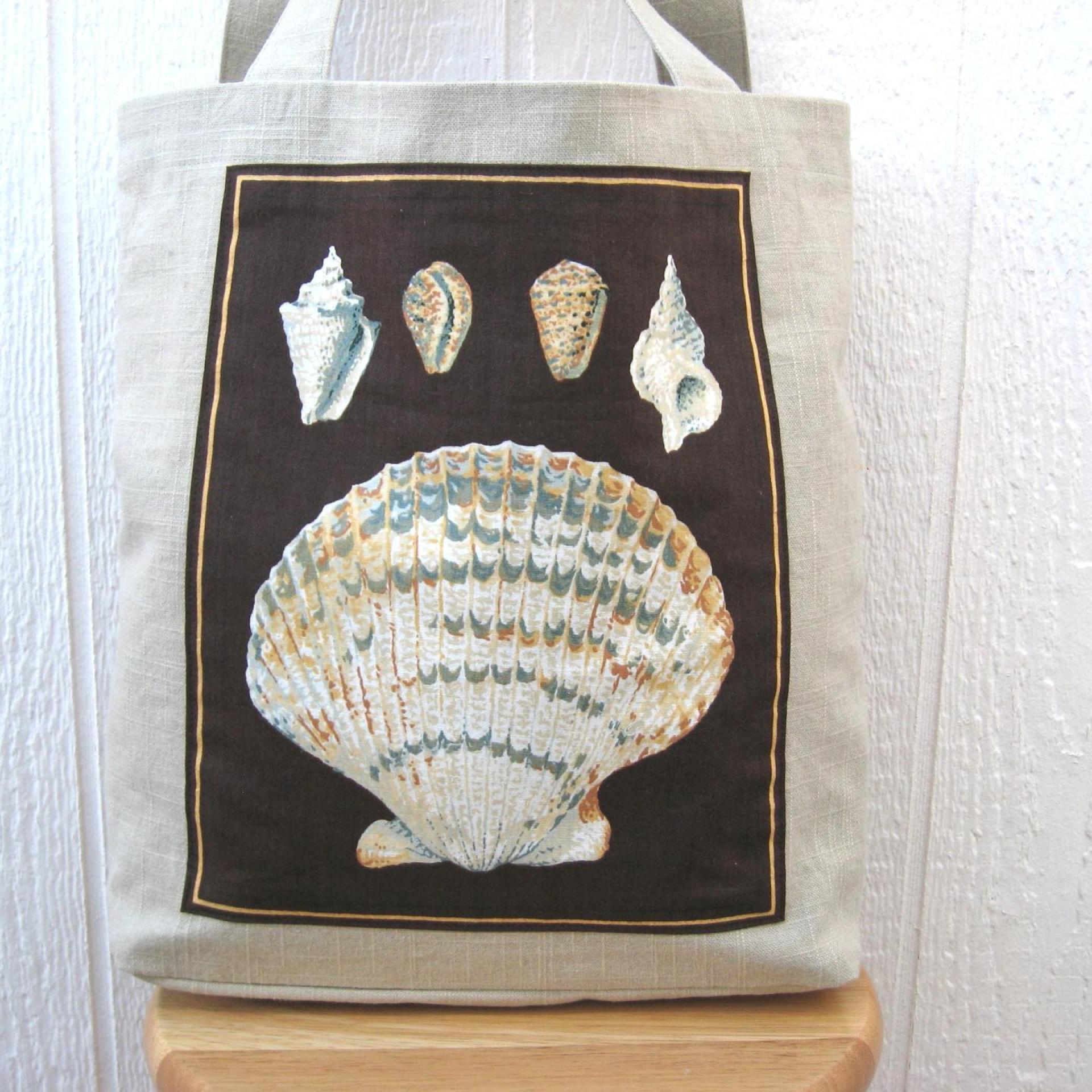 Seaside Tote Bag, Beige Beach Bag with an Assortment of Seashells, Market Shopping Tote, Vintage Fabric Panel, USA Handcrafted in New Mexico