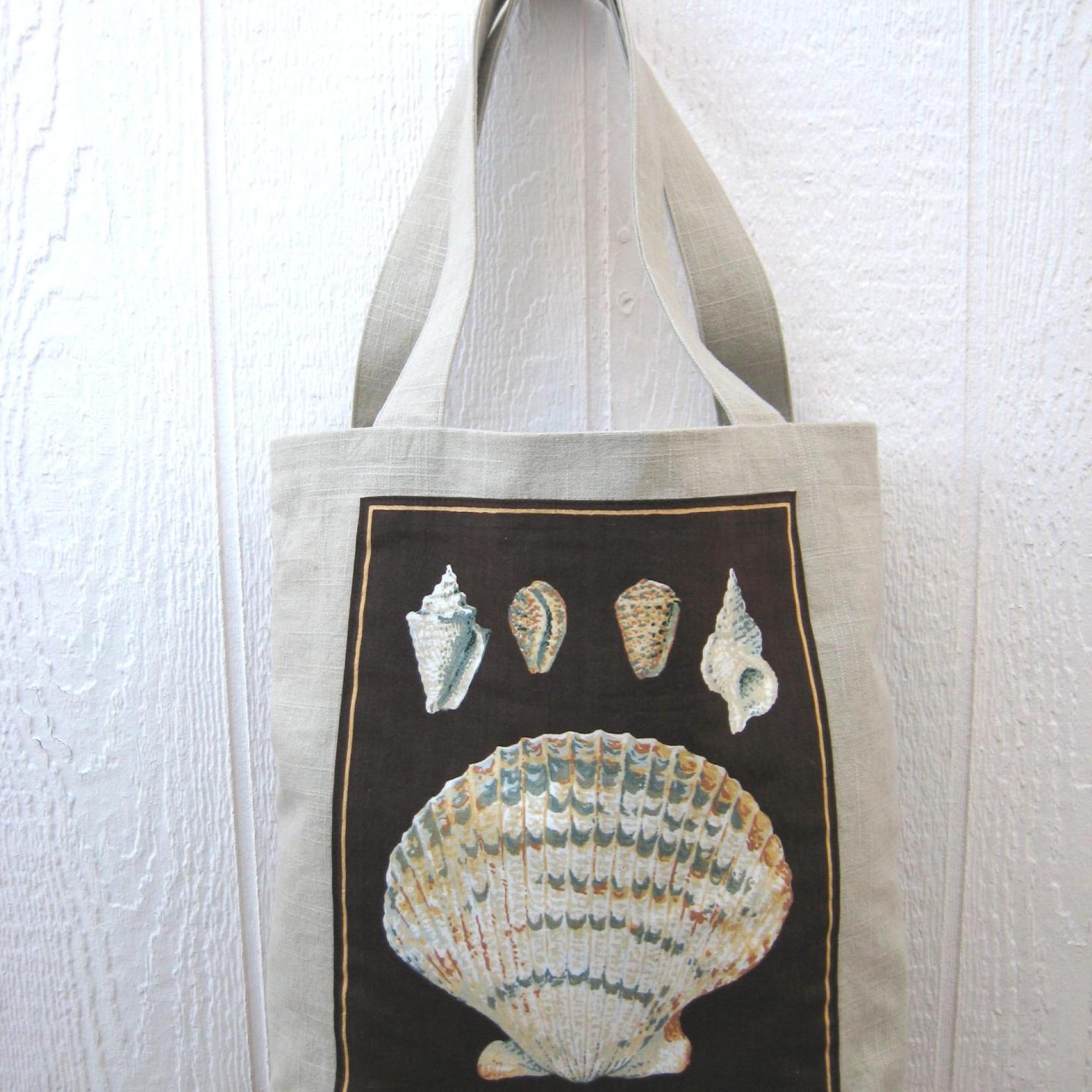 Seaside Tote Bag, Beige Beach Bag with an Assortment of Seashells, Market Shopping Tote, Vintage Fabric Panel, USA Handcrafted in New Mexico