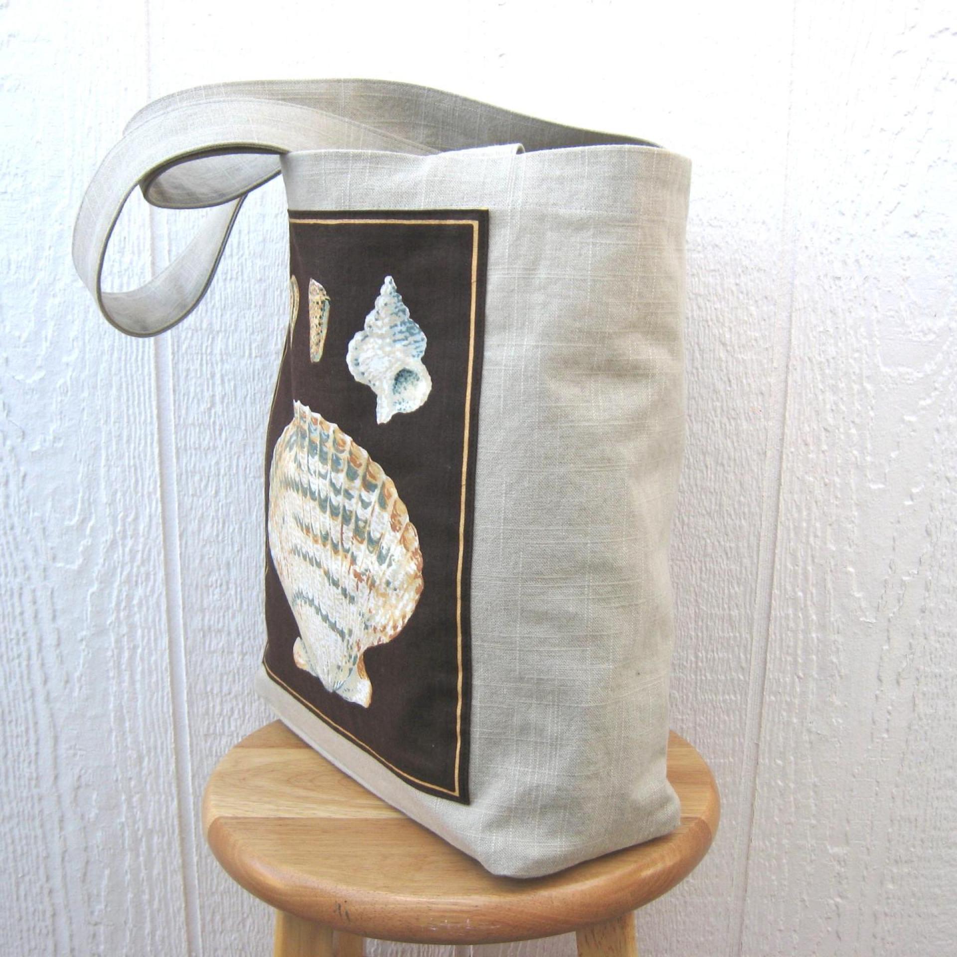 Seaside Tote Bag, Beige Beach Bag with an Assortment of Seashells, Market Shopping Tote, Vintage Fabric Panel, USA Handcrafted in New Mexico