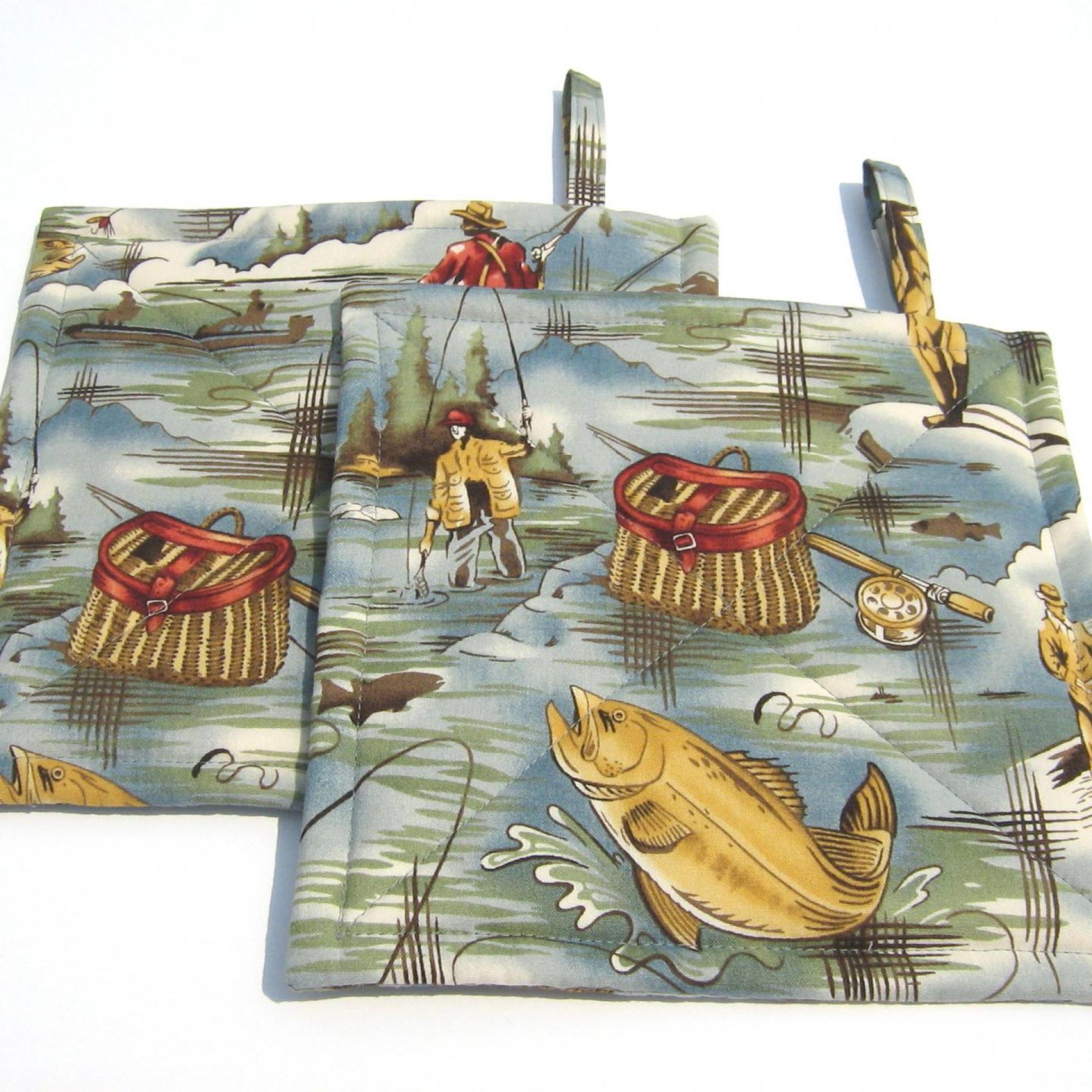 Fishing Potholders, Quilted Hot Pads Fisherman's Gift, Boat & Cabin Décor, Handmade Housewarming Gift