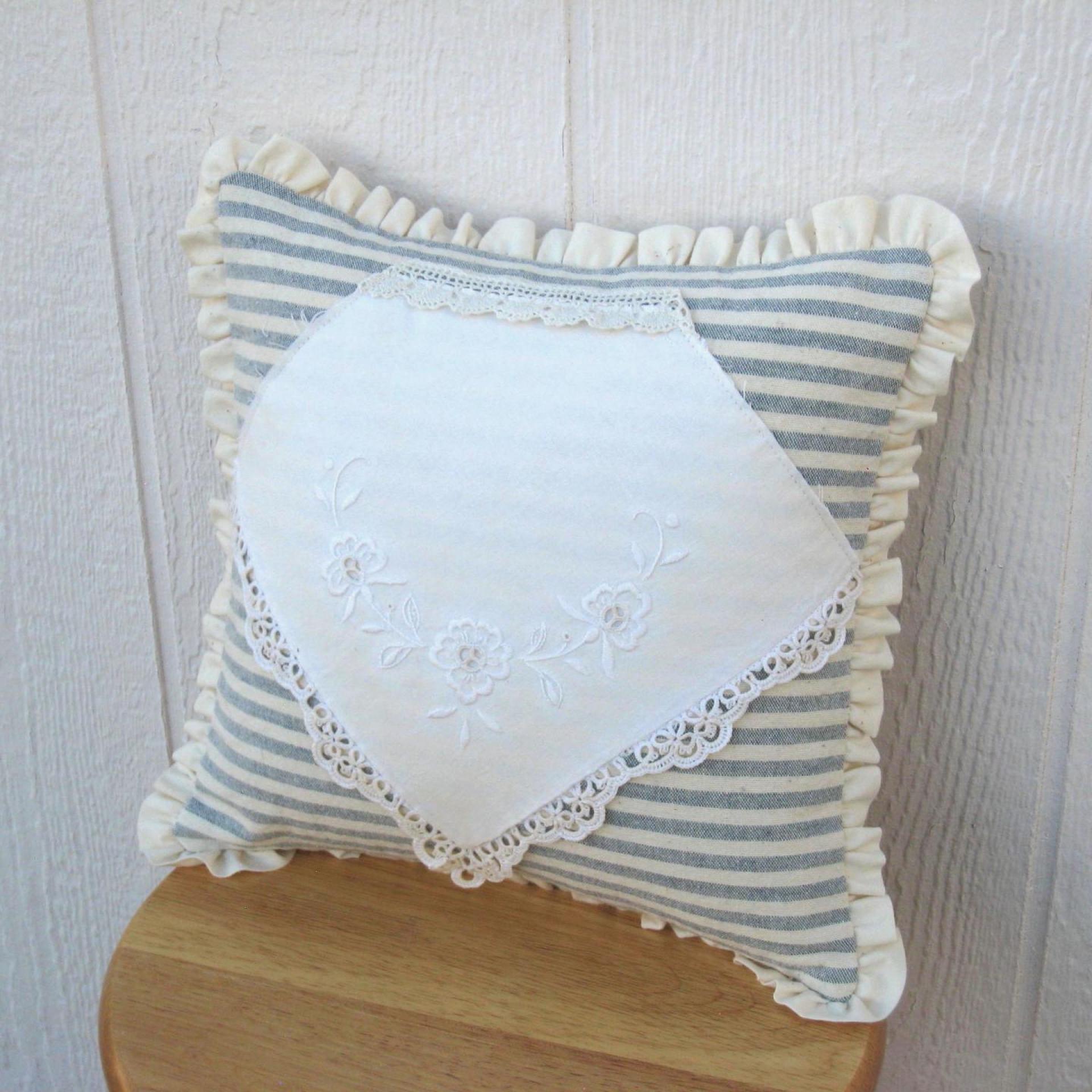Cottage Décor Mini Pillow w. Ruffled Trim, Blue & White Striped Cotton w. Vintage Embroidered Hanky Applique, Insert Included, 12" x 12"