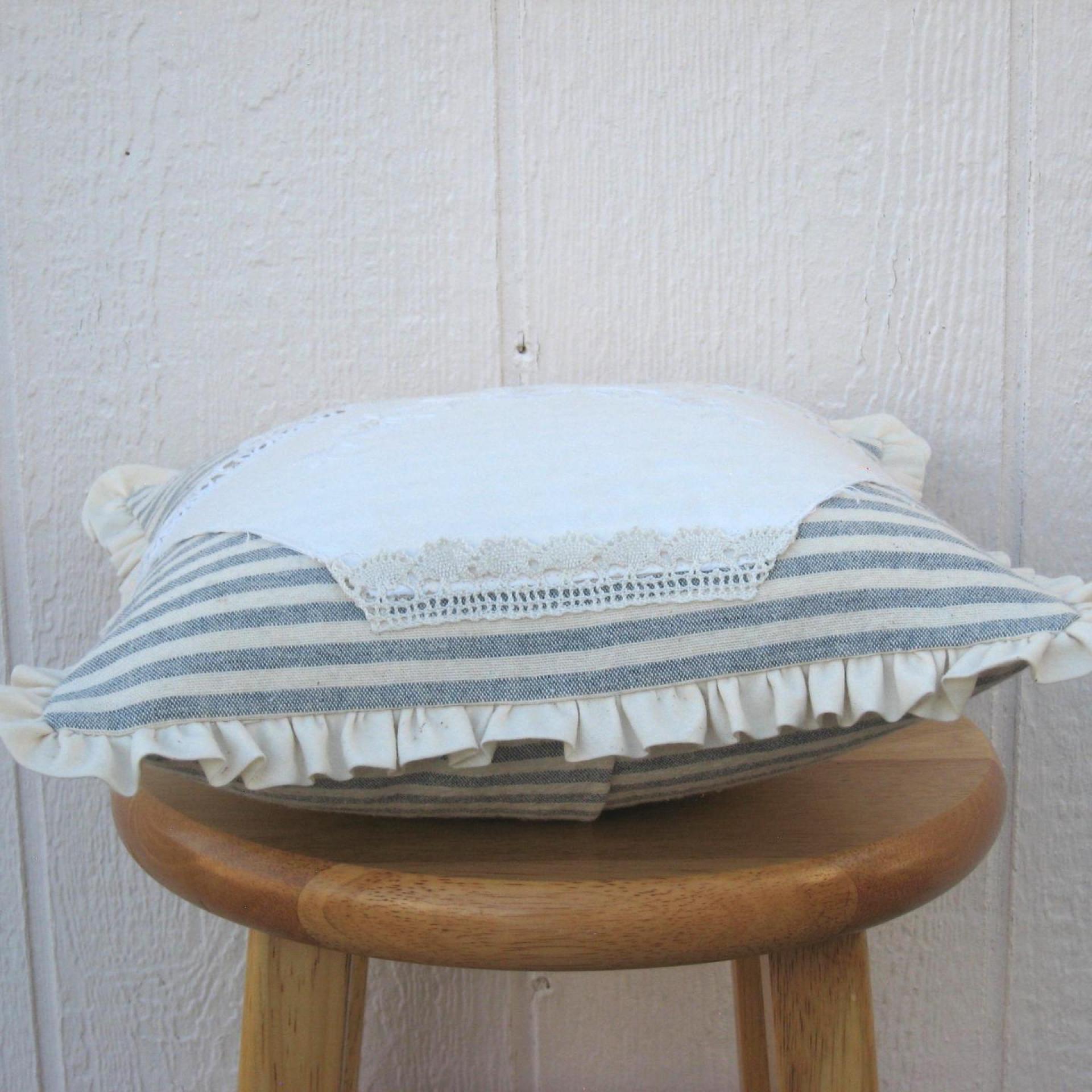 Cottage Décor Mini Pillow w. Ruffled Trim, Blue & White Striped Cotton w. Vintage Embroidered Hanky Applique, Insert Included, 12" x 12"