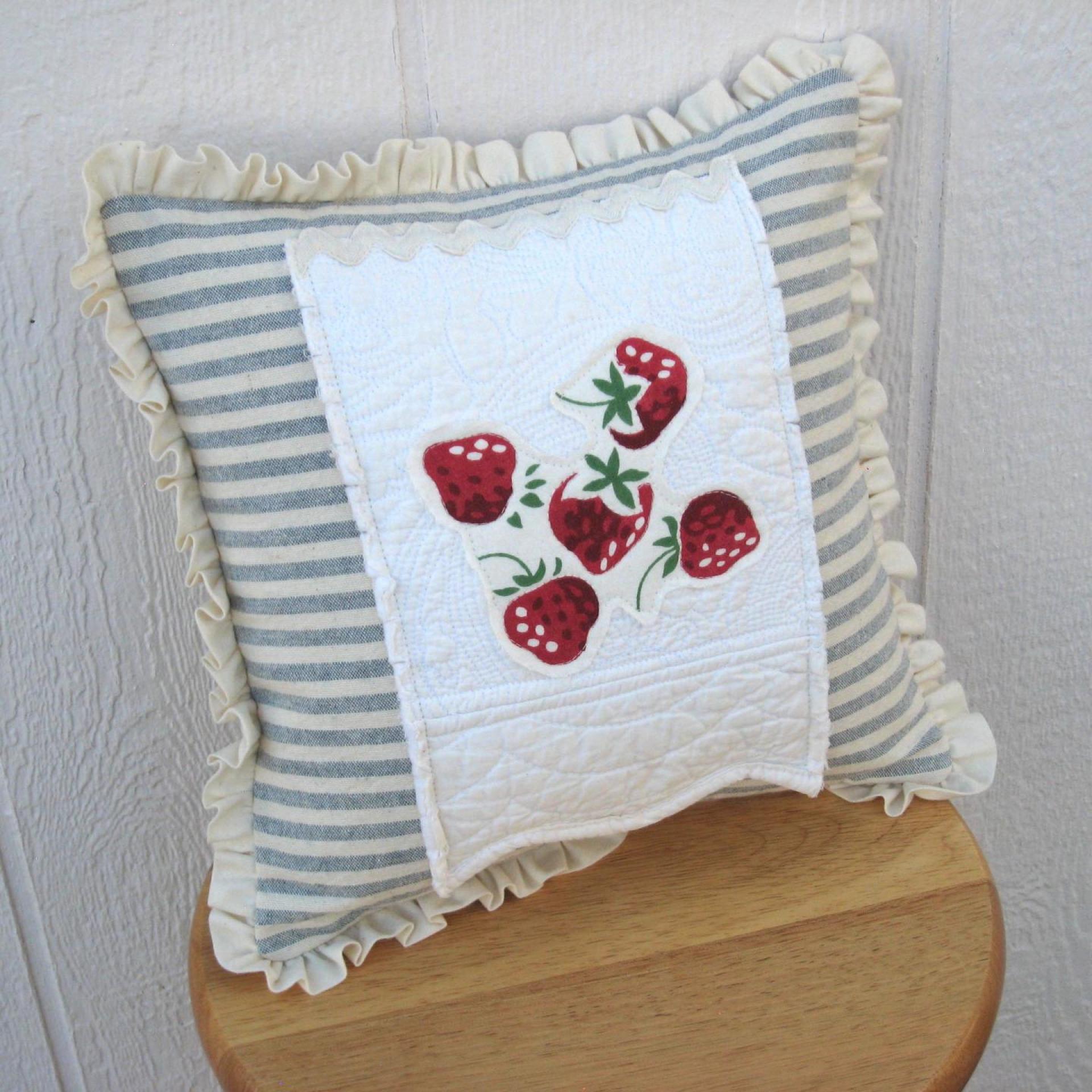 Cottage Décor Mini Pillow w. Ruffled Trim, Blue & White Stripe Cotton w. White Matelassé and Strawberry Applique, Insert Included, 12" x 12"