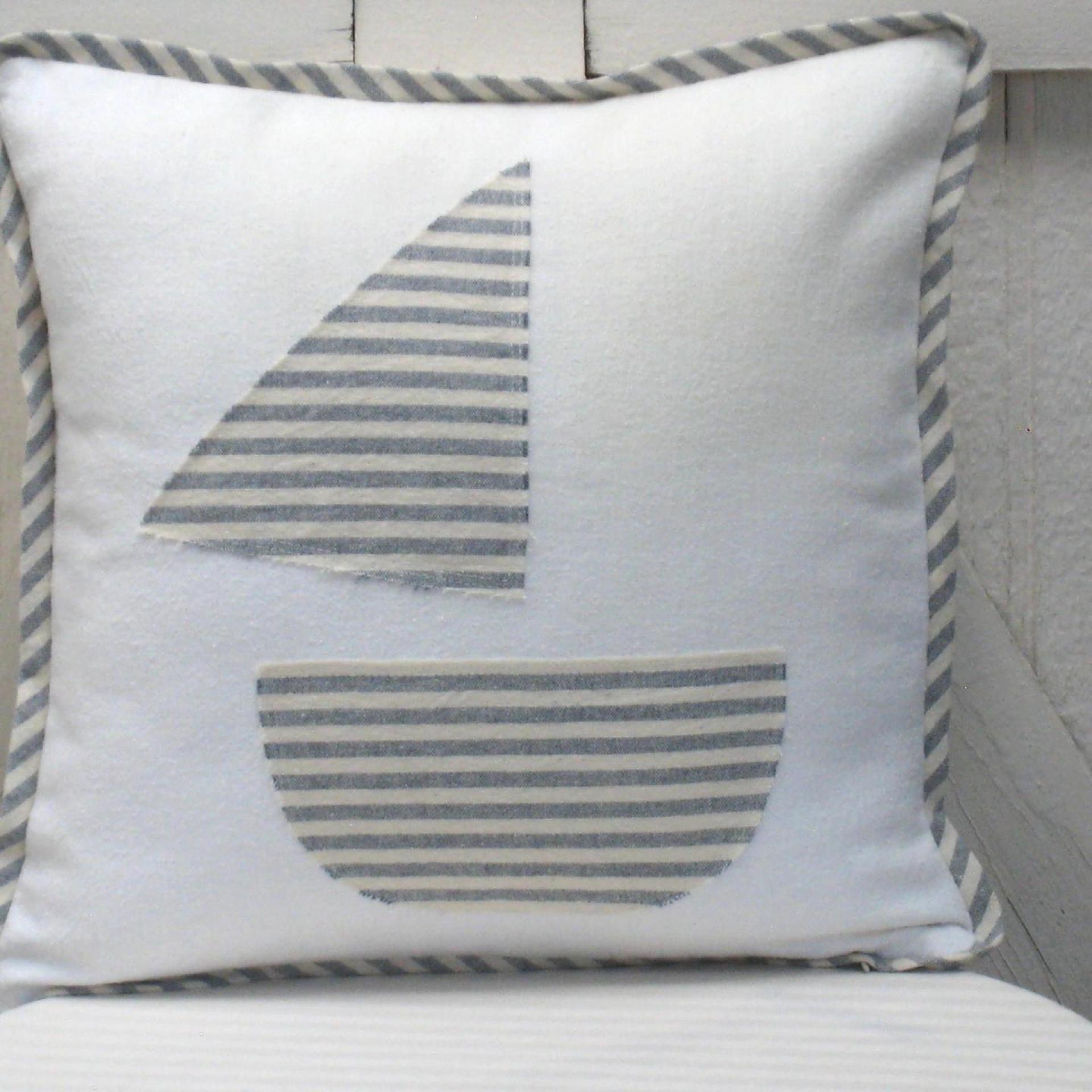 Seaside Cottage Pillow with Sailboat Applique, Blue White Striped Trim and Zipper Closure, Insert Included, 15" x 15", USA Handcrafted