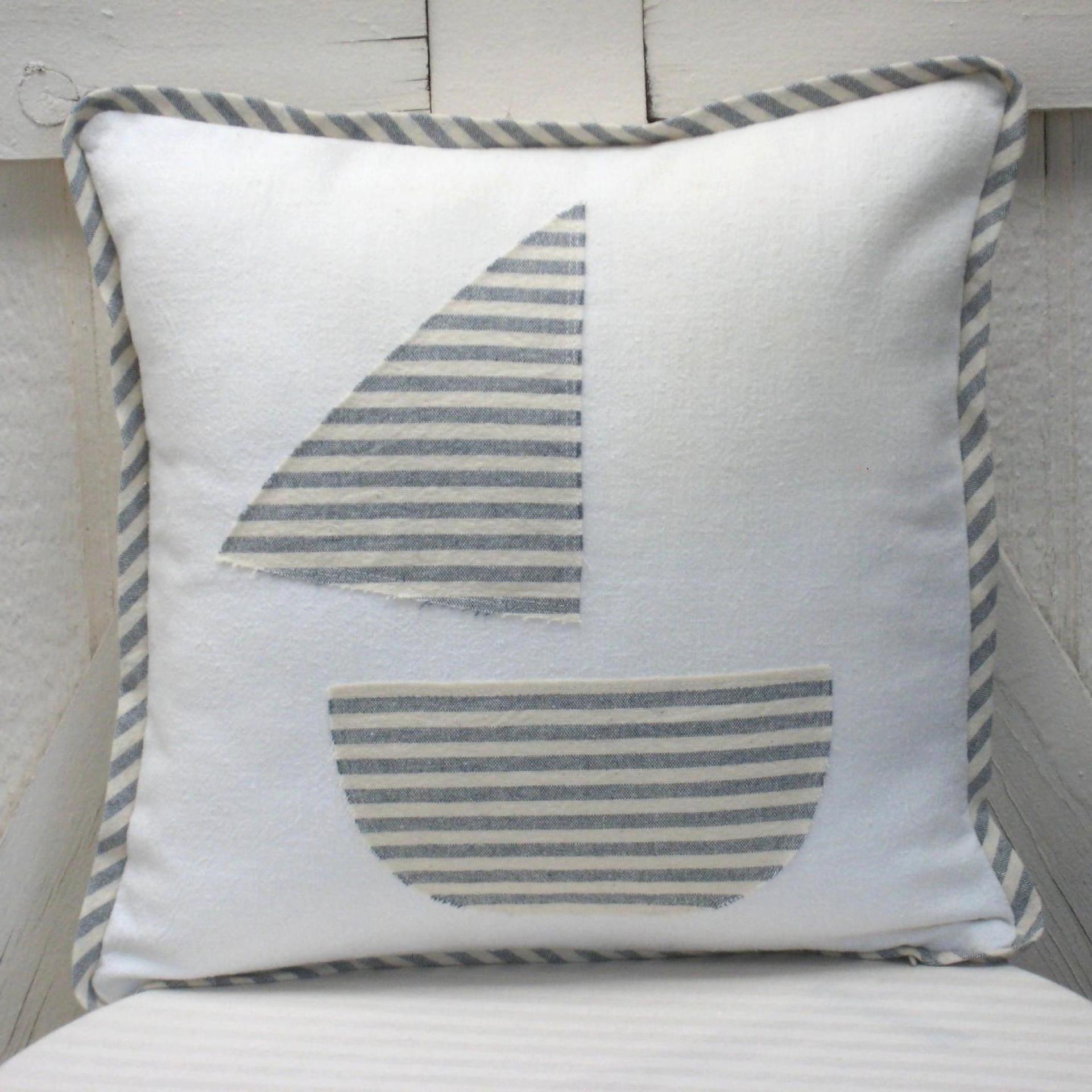 Seaside Cottage Pillow with Sailboat Applique, Blue White Striped Trim and Zipper Closure, Insert Included, 15" x 15", USA Handcrafted