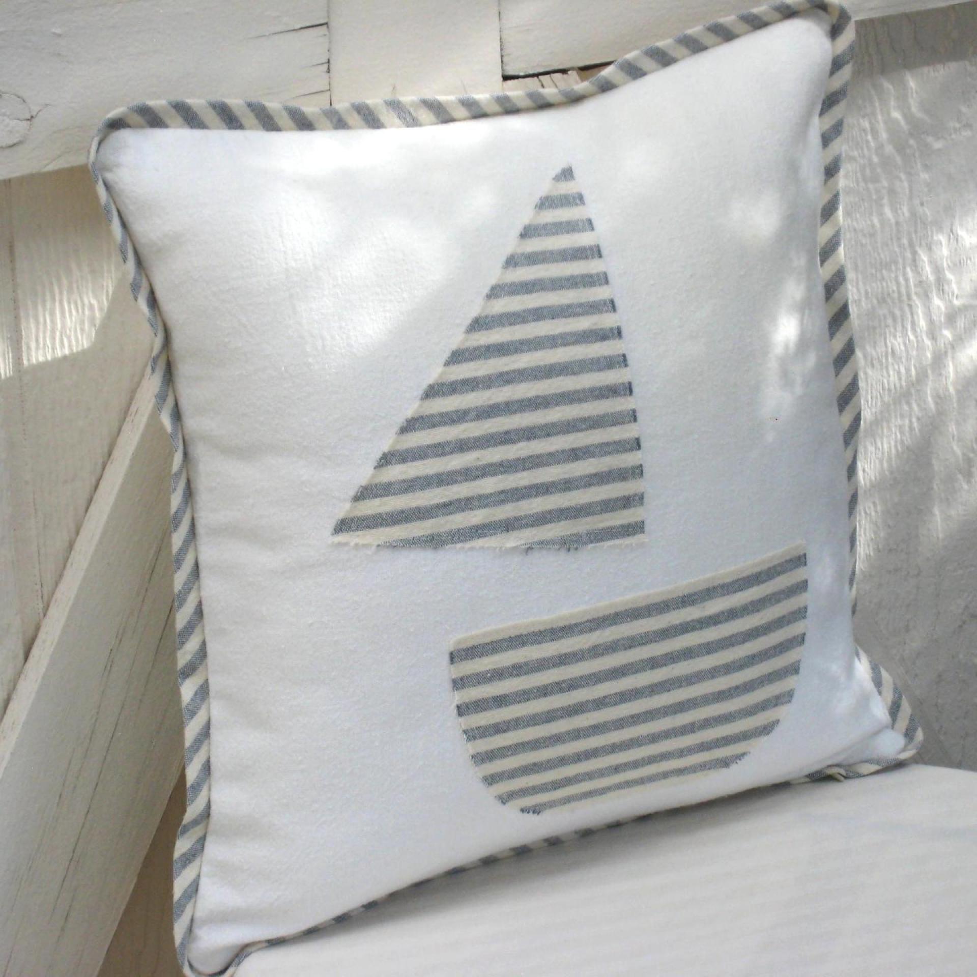 Seaside Cottage Pillow with Sailboat Applique, Blue White Striped Trim and Zipper Closure, Insert Included, 15" x 15", USA Handcrafted