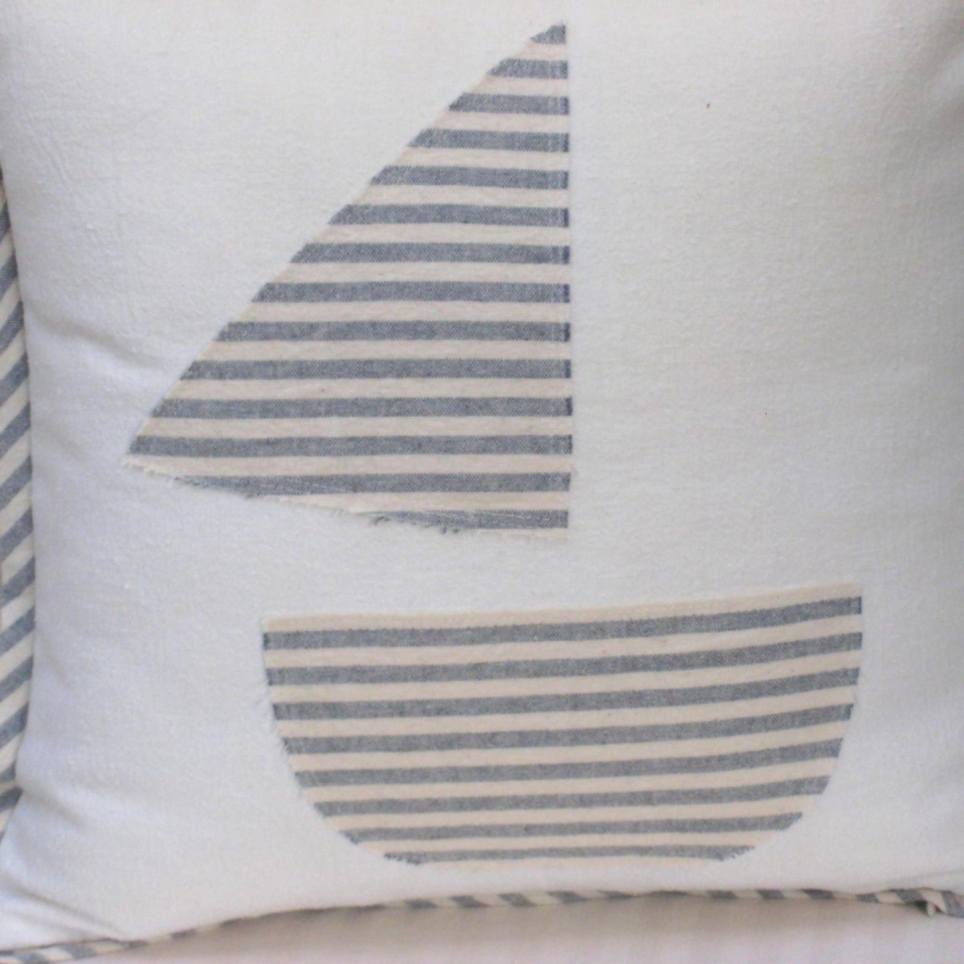 Seaside Cottage Pillow with Sailboat Applique, Blue White Striped Trim and Zipper Closure, Insert Included, 15" x 15", USA Handcrafted