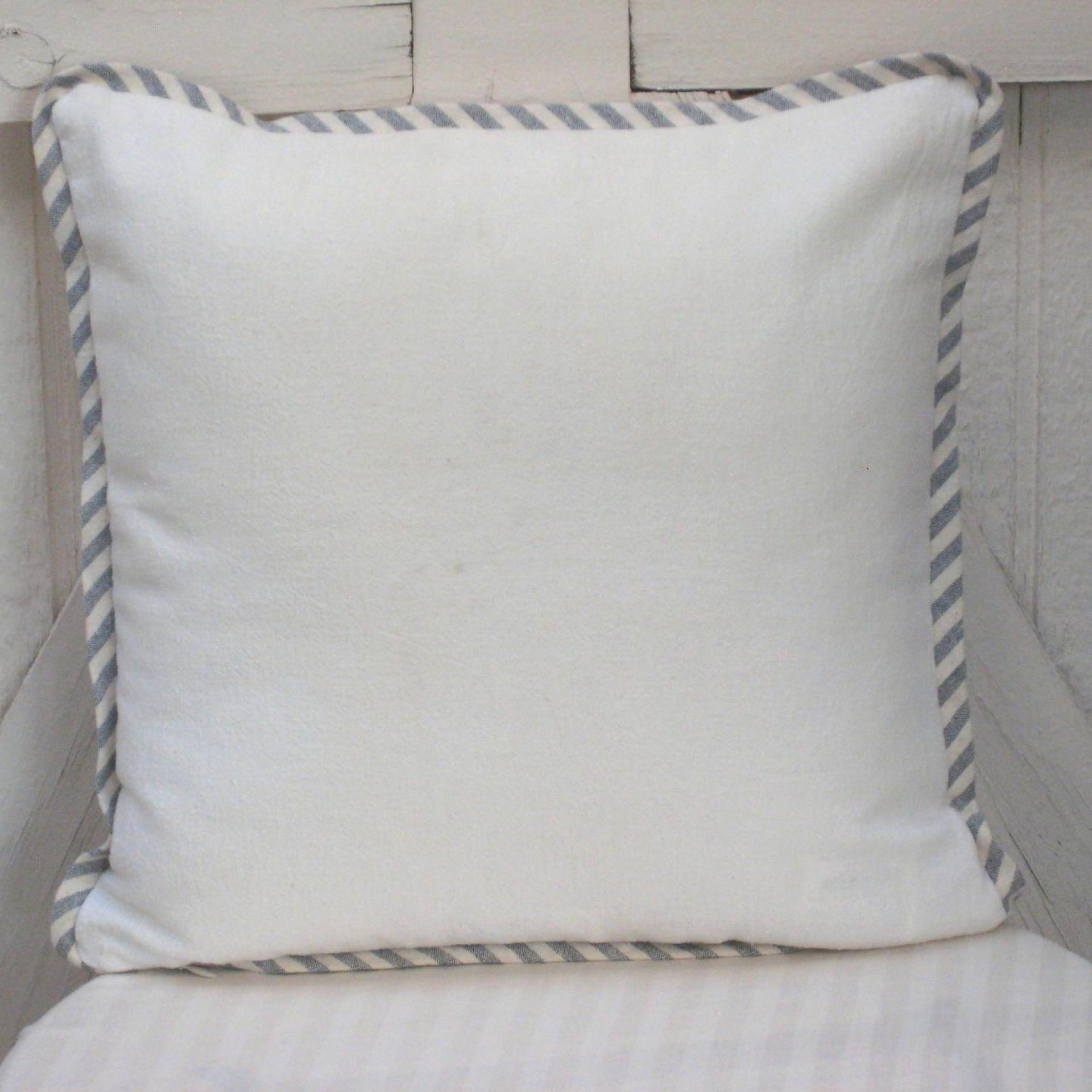 Seaside Cottage Pillow with Sailboat Applique, Blue White Striped Trim and Zipper Closure, Insert Included, 15" x 15", USA Handcrafted
