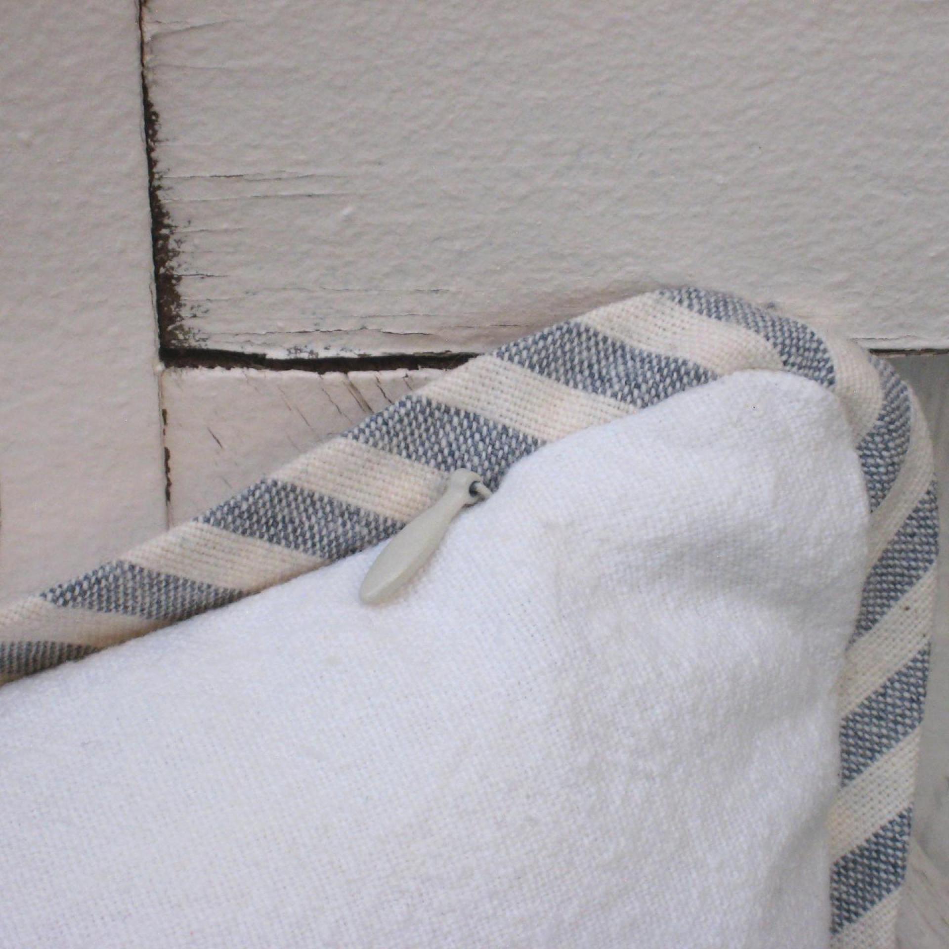 Seaside Cottage Pillow with Sailboat Applique, Blue White Striped Trim and Zipper Closure, Insert Included, 15" x 15", USA Handcrafted