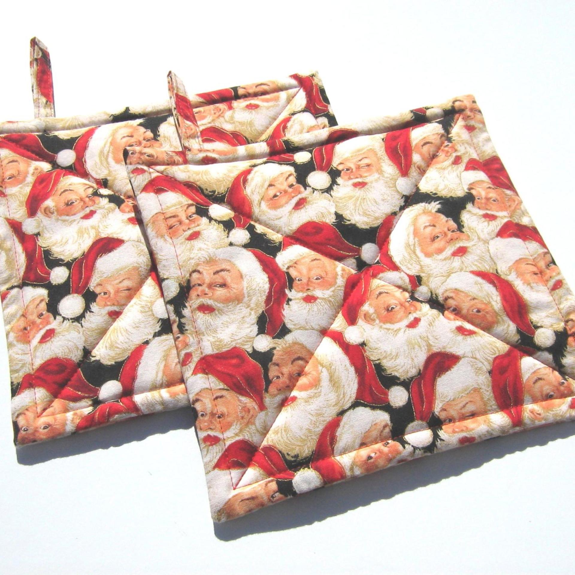 Santa Claus Potholders, Happy Santa Hot Pads, Red, White, Tan, Black Quilted Hot Pads, USA Made Stocking Stuffer, Housewarming, Hostess Gift