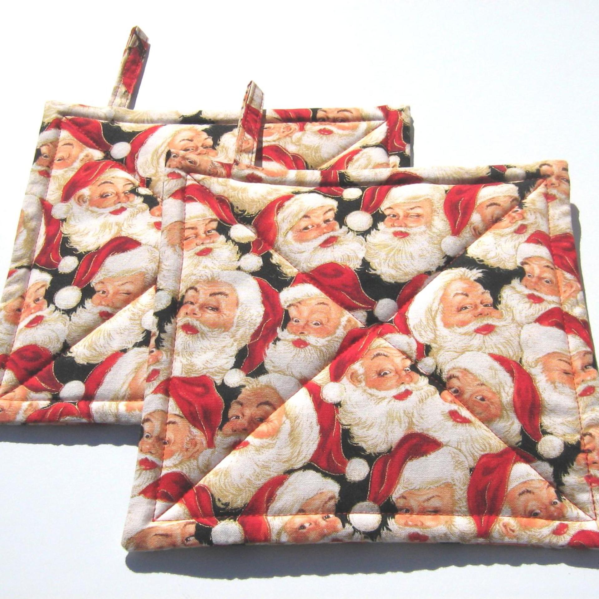 Santa Claus Potholders, Happy Santa Hot Pads, Red, White, Tan, Black Quilted Hot Pads, USA Made Stocking Stuffer, Housewarming, Hostess Gift