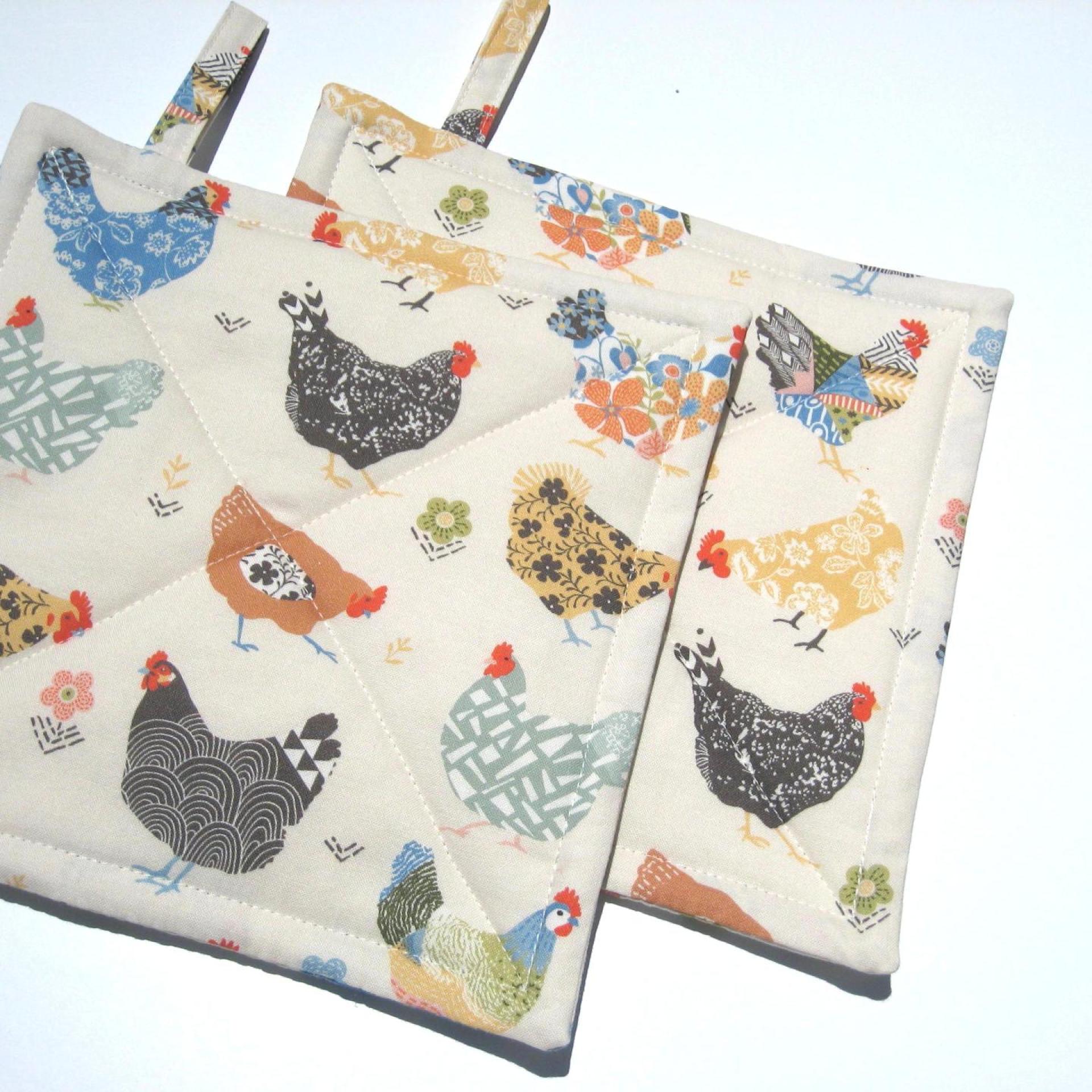 Calico Chickens Potholders, Yellow, Blue, Gray Quilted Hot Pads, USA Hand Made Hostess Gift, Stocking Stuffer, Wrapped Ready for Gift Giving