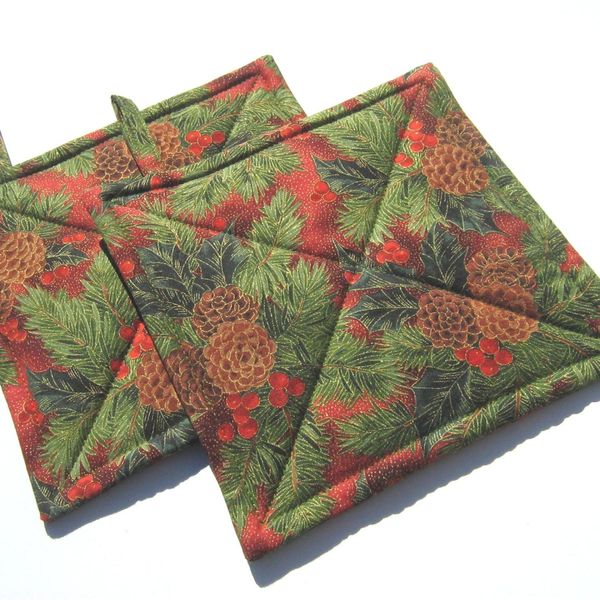 Christmas Potholders with Pine Boughs & Pinecones in Green, Brown, Red, Quilted Hot Pads, USA Made Stocking Stuffer, Housewarming, Hostess Gift