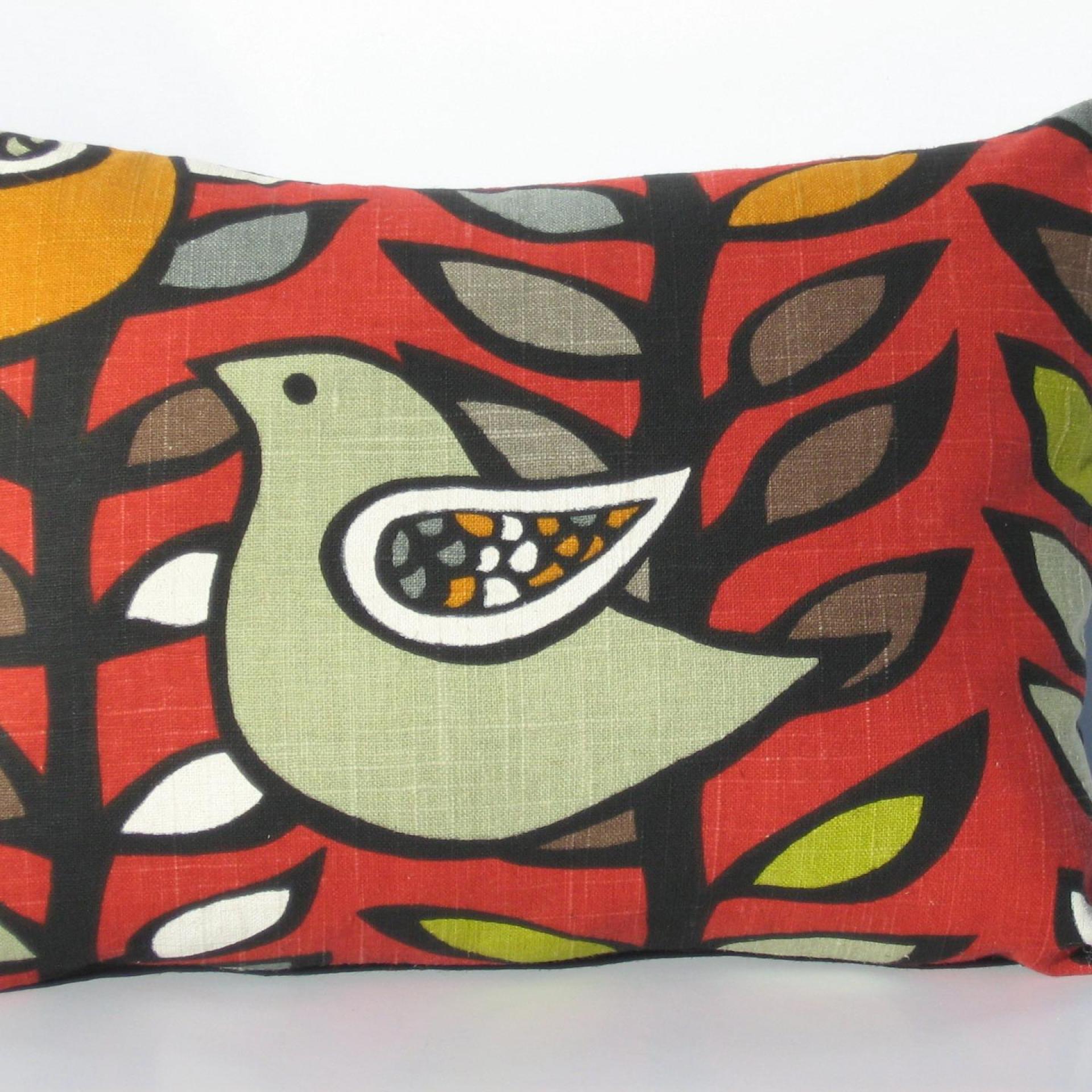 Mod Style Birds Mini Pillow Cover in Green, Gray, White on Red Linen Blend, KAS Designer Print, 11x15 Inches, USA Handmade