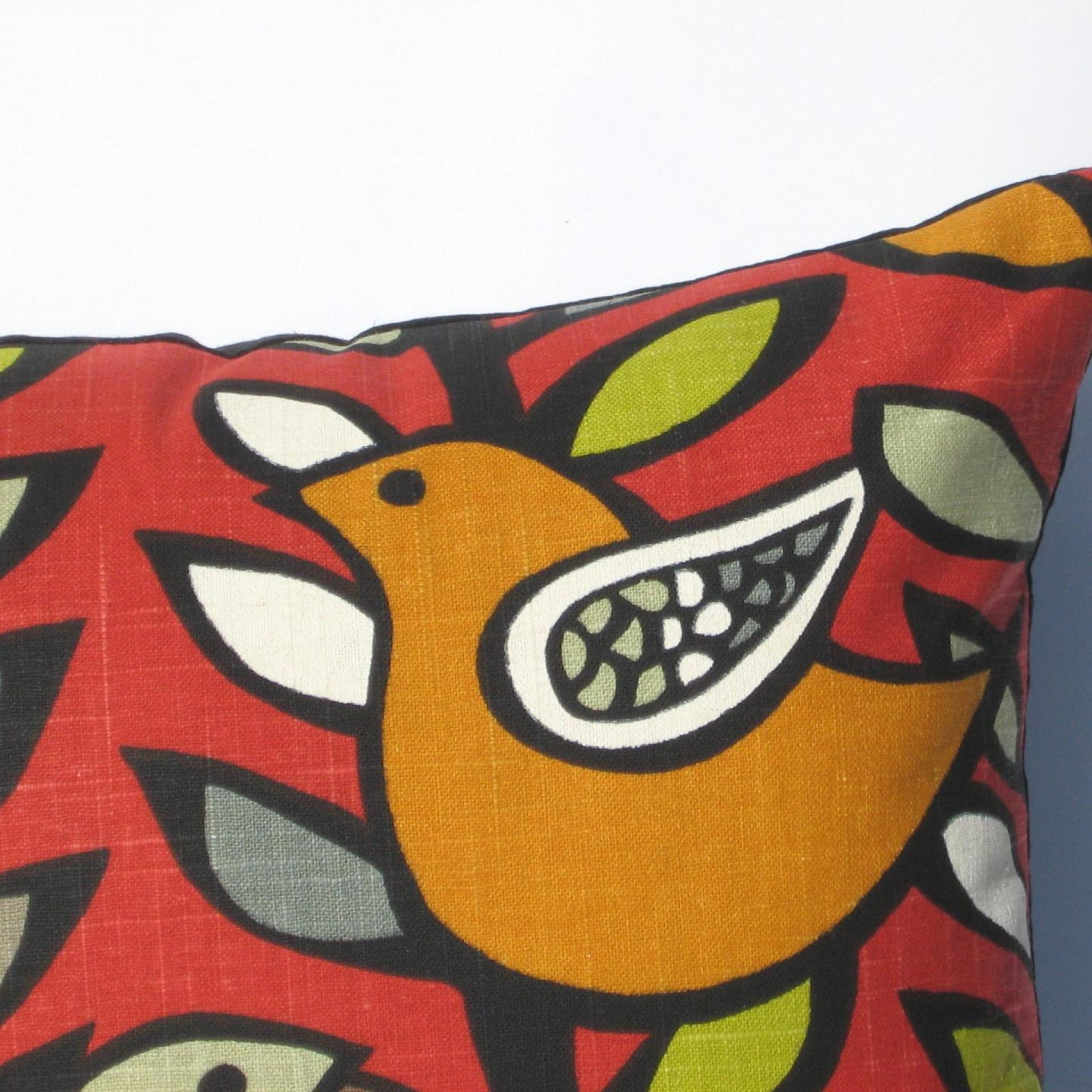 Red Mod Style Pillow Cover with Birds & Trees in Green, Gray, Black, White, Linen Cotton Blend, 17x17 Inches