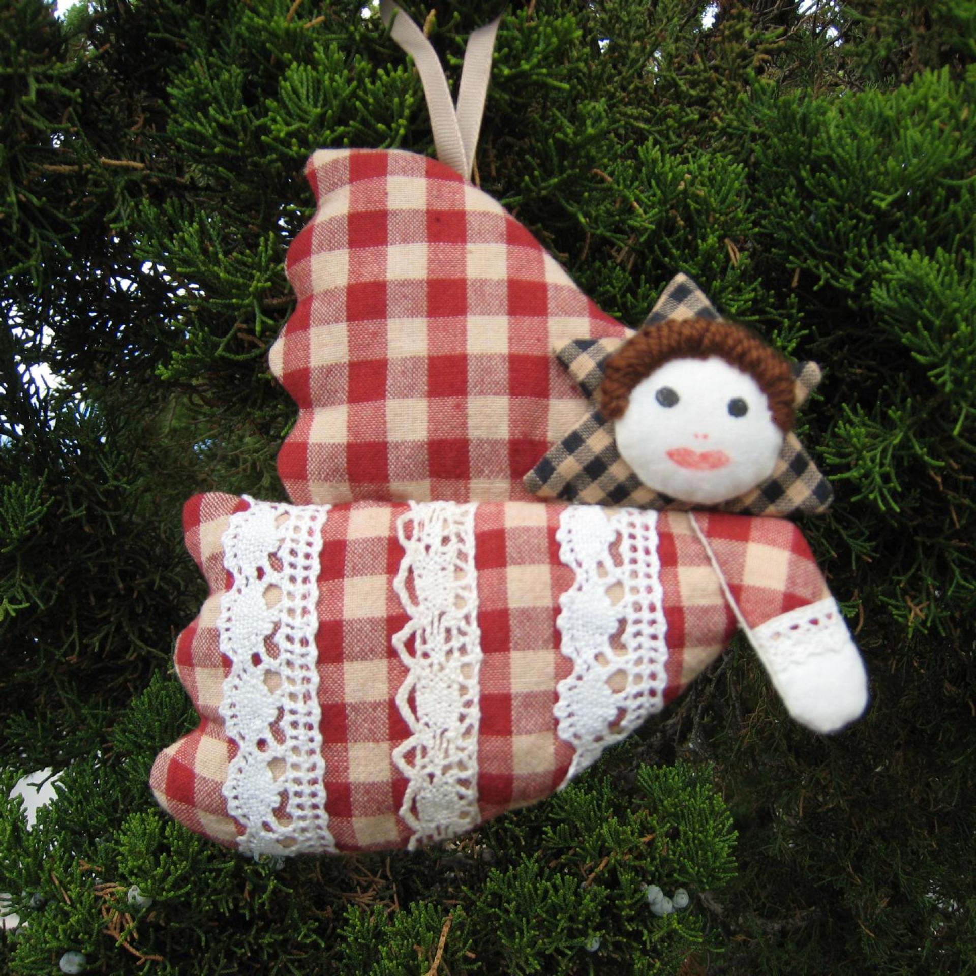 Primitive Angel Ornament, Stuffed Homespun Gingham Holiday Decoration, Farmhouse Christmas Tree, Country Cottage, USA Handmade