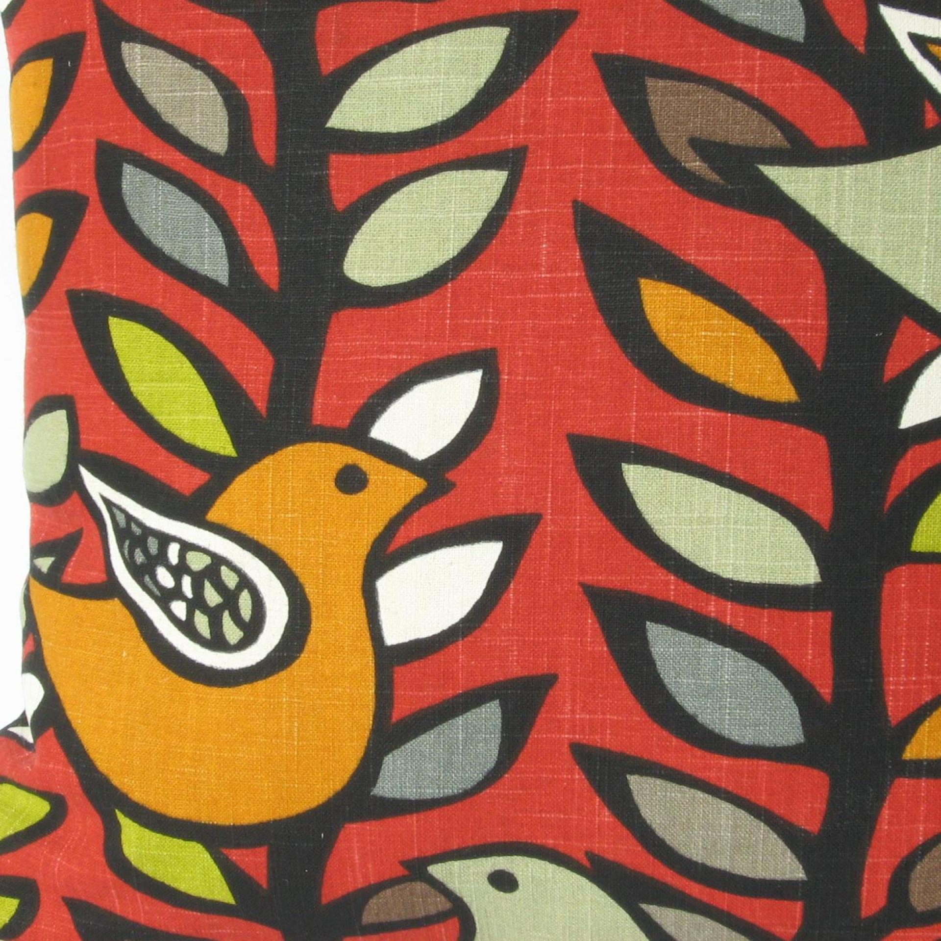 Mod Style Pillow Cover with Stylized Birds & Trees in Green, Gray, Black, White on Red Linen Cotton Blend, 19 x 19 Inches