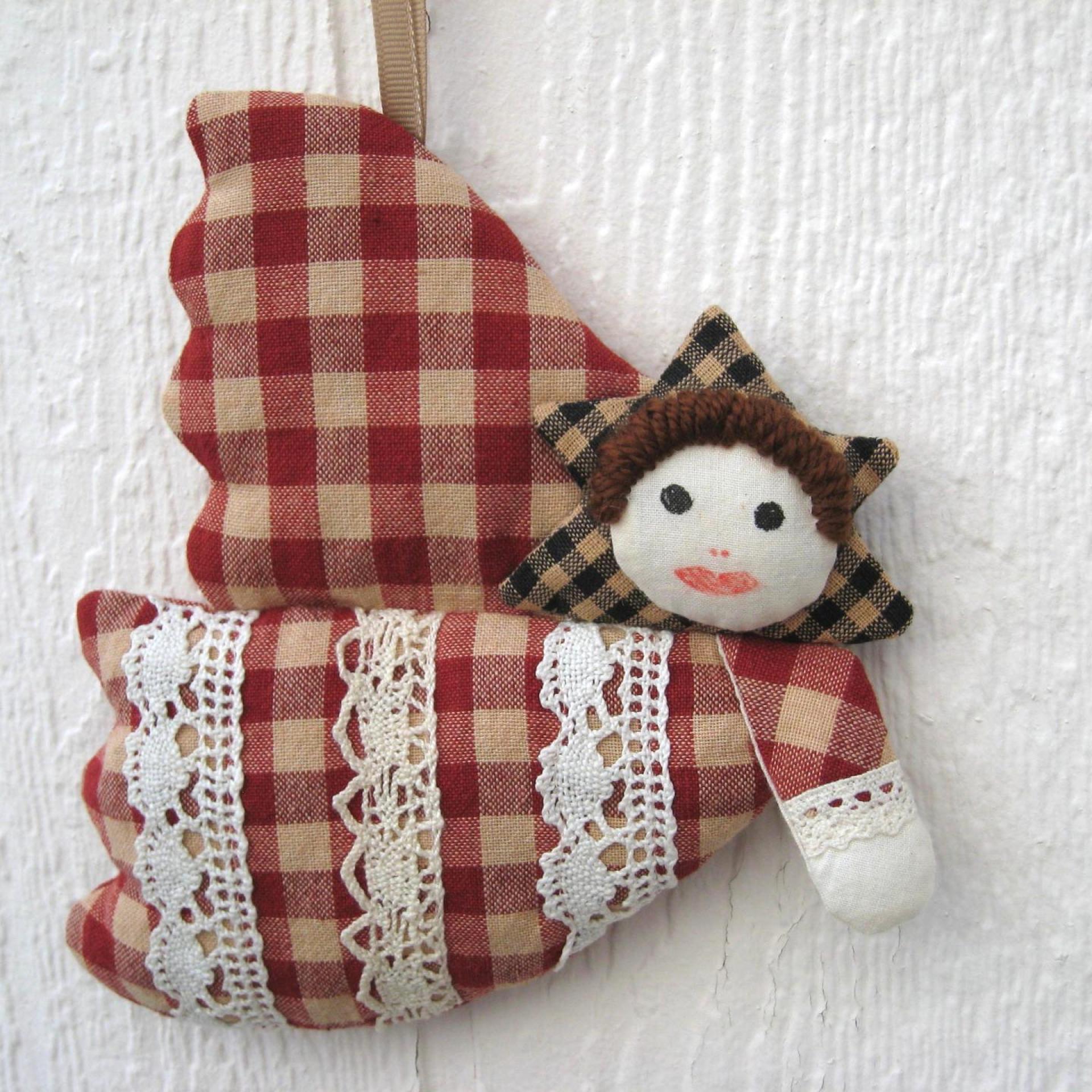 Primitive Angel Ornament, Stuffed Homespun Gingham Holiday Decoration, Farmhouse Christmas Tree, Country Cottage, USA Handmade