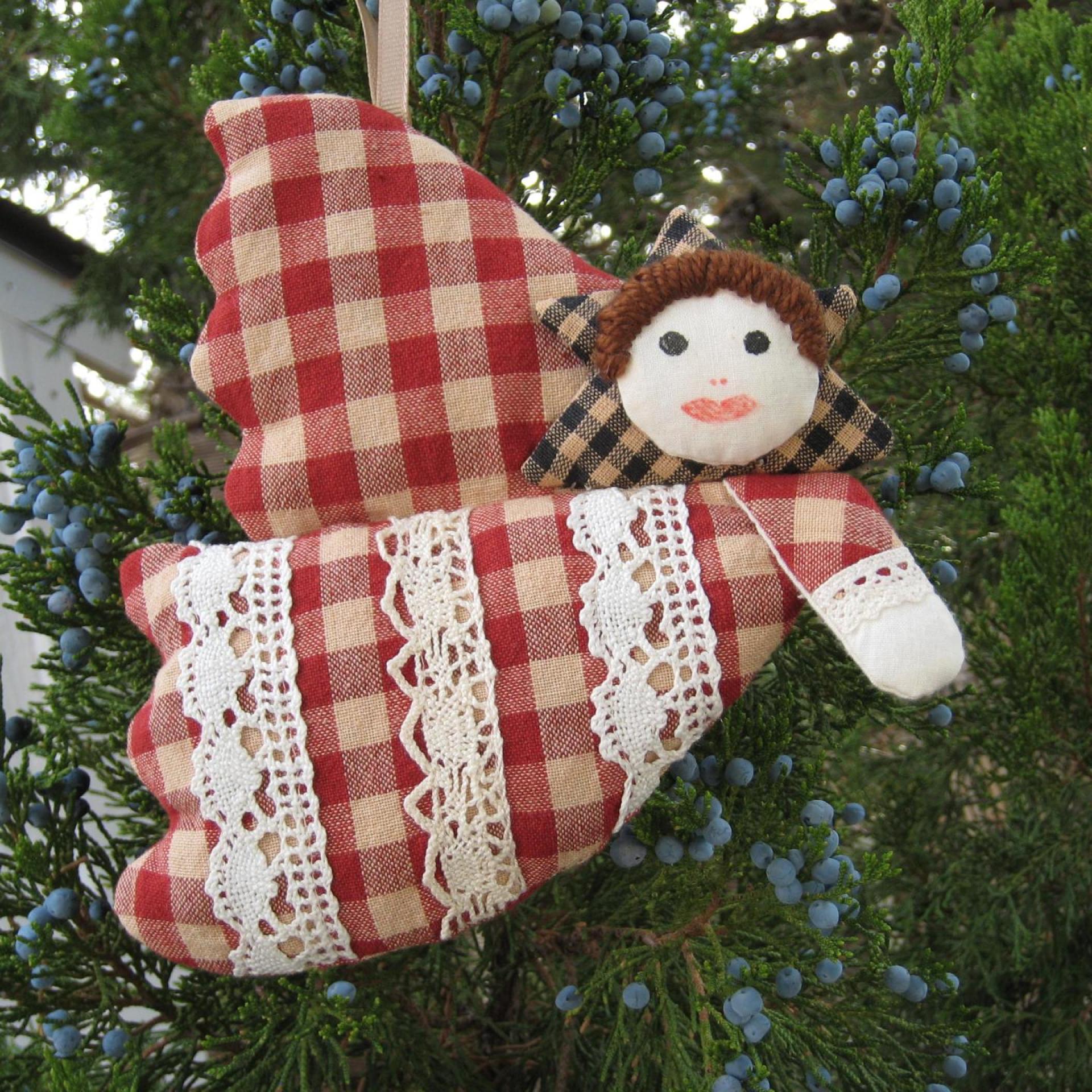 Primitive Angel Ornament, Stuffed Homespun Gingham Holiday Decoration, Farmhouse Christmas Tree, Country Cottage, USA Handmade