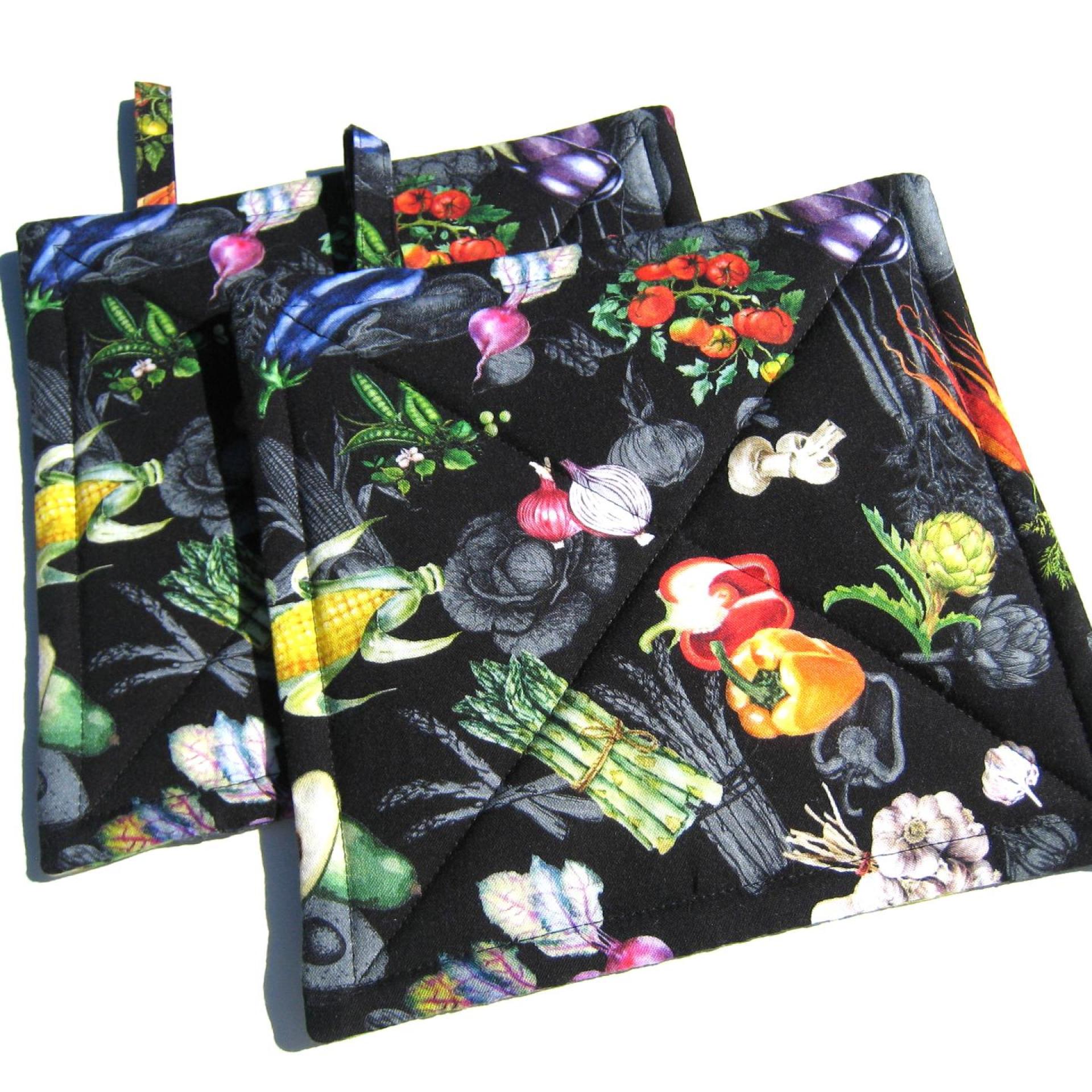 Summer Veggies Potholders, Colorful Garden Quilted Hot Pads, Stocking Stuffer, USA Handcrafted, Wrapped Ready for Gift Giving